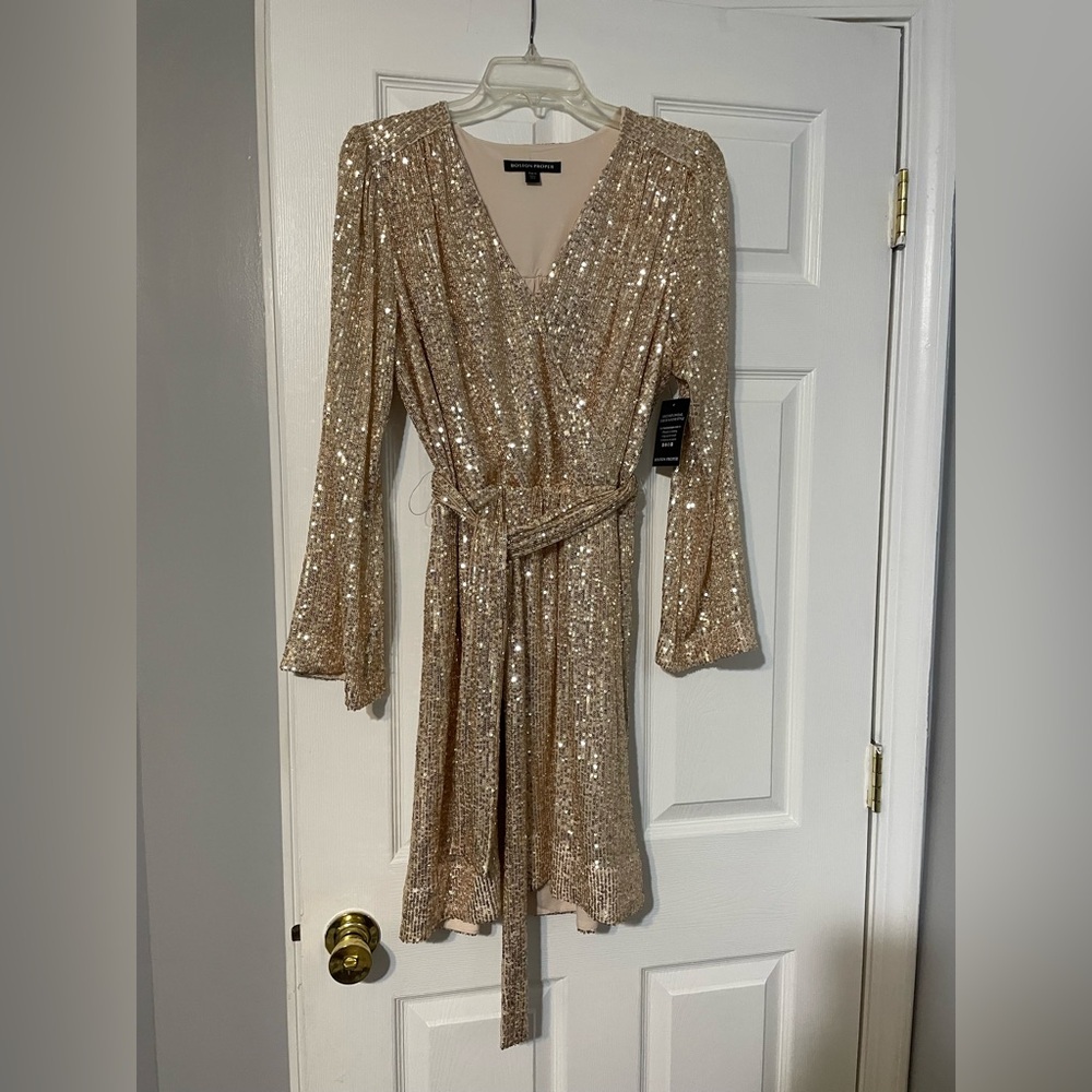 NWT - Boston Proper Gold Sequin Long Sleeve Dress